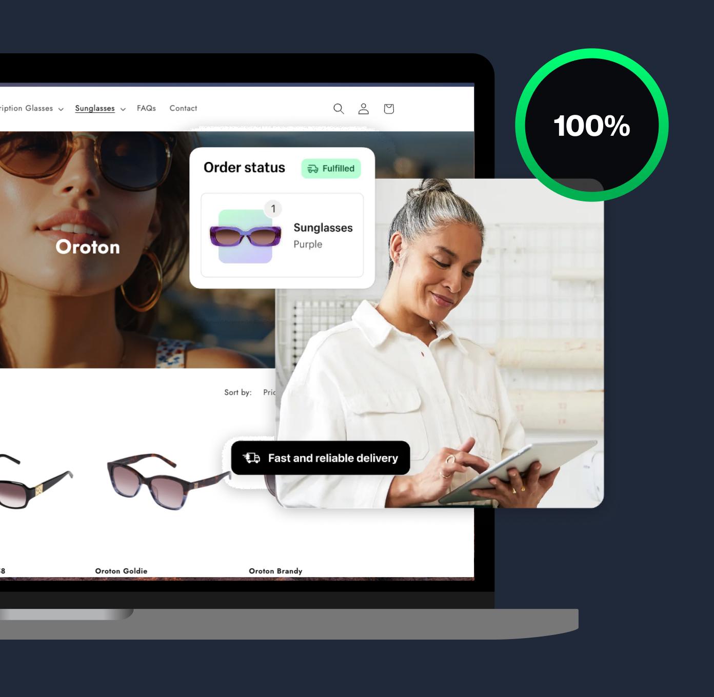 Ecommerce image showing laptop with store and a customer ordering with success.