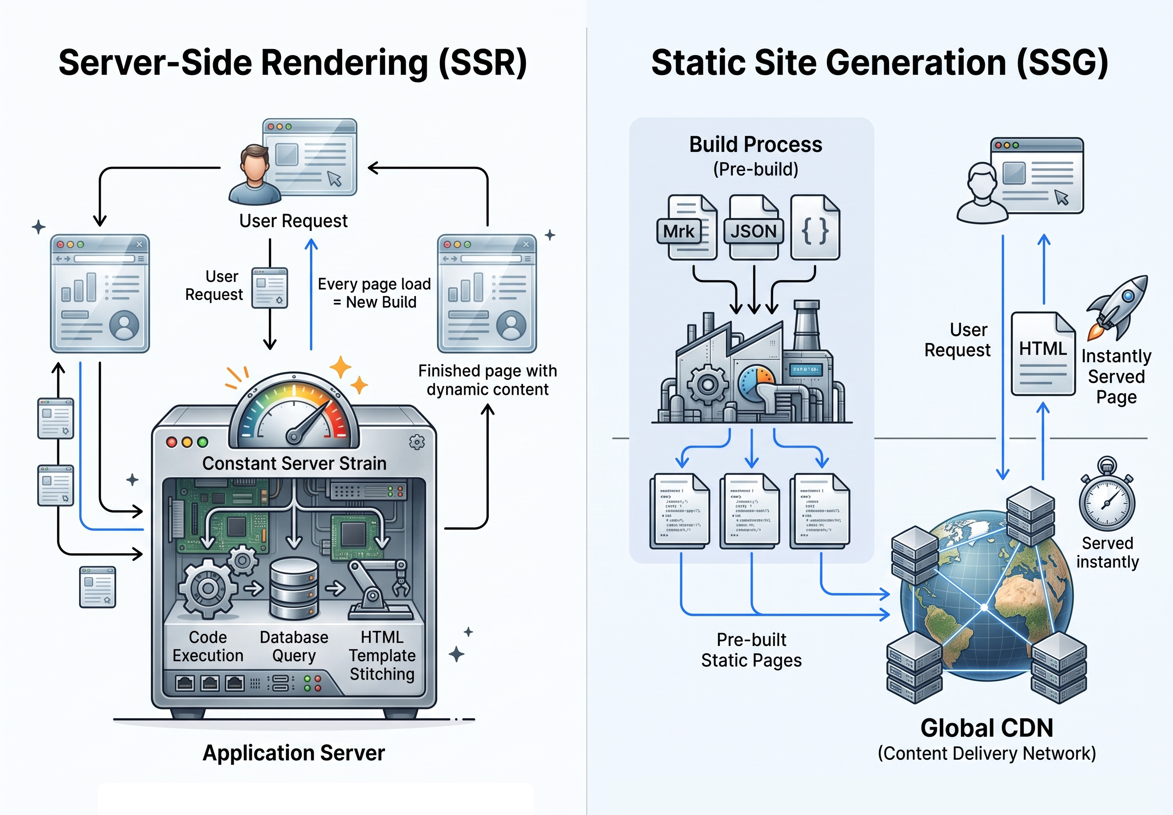 Visual comparison of Server-Side Rendering (SSR) vs Static Site Generation (SSG)
